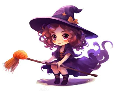 女巫扫帚紫色万圣节插画免抠