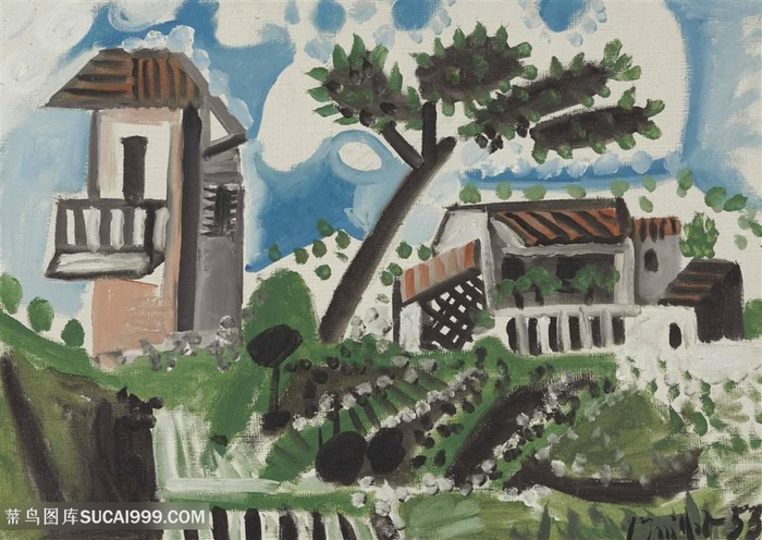 毕加索手绘建筑房子风景画