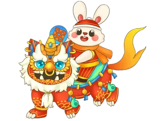 年兽和兔子或福娃过新年迎新春兔子骑着年兽