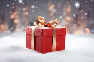 下雪天的红色圣诞礼物白雪摄影图