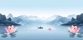 山水画湖泊花背景