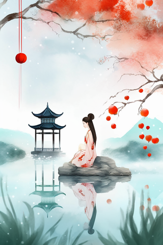a painting of a pagoda in the middle of a lake, a poster inspired by Ma Yuanyu, pixabay, conceptual art, chinese watercolor style, chinese style painting, palace ， a girl in hanfu 