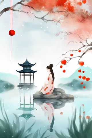a painting of a pagoda in the middle of a lake, a poster inspired by Ma Yuanyu, pixabay, conceptual art, chinese watercolor style, chinese style painting, palace ， a girl in hanfu 