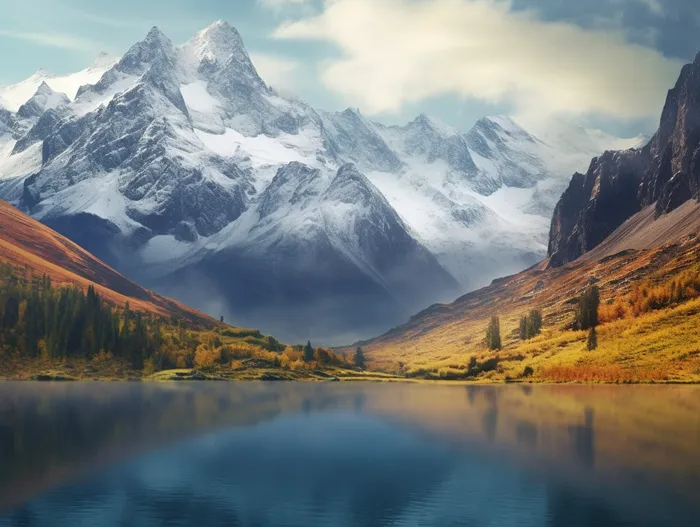 秋天雪山下的湖泊摄影图 