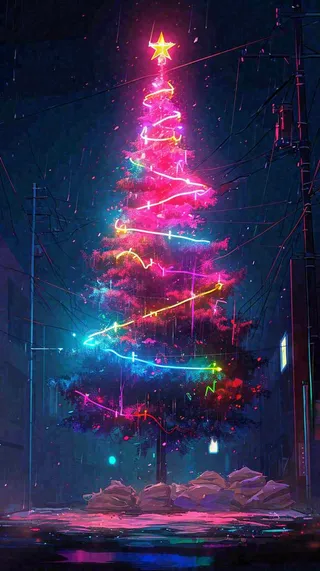 炫酷圣诞彩色缤纷圣诞树节日，夜晚街道建筑，暗黑