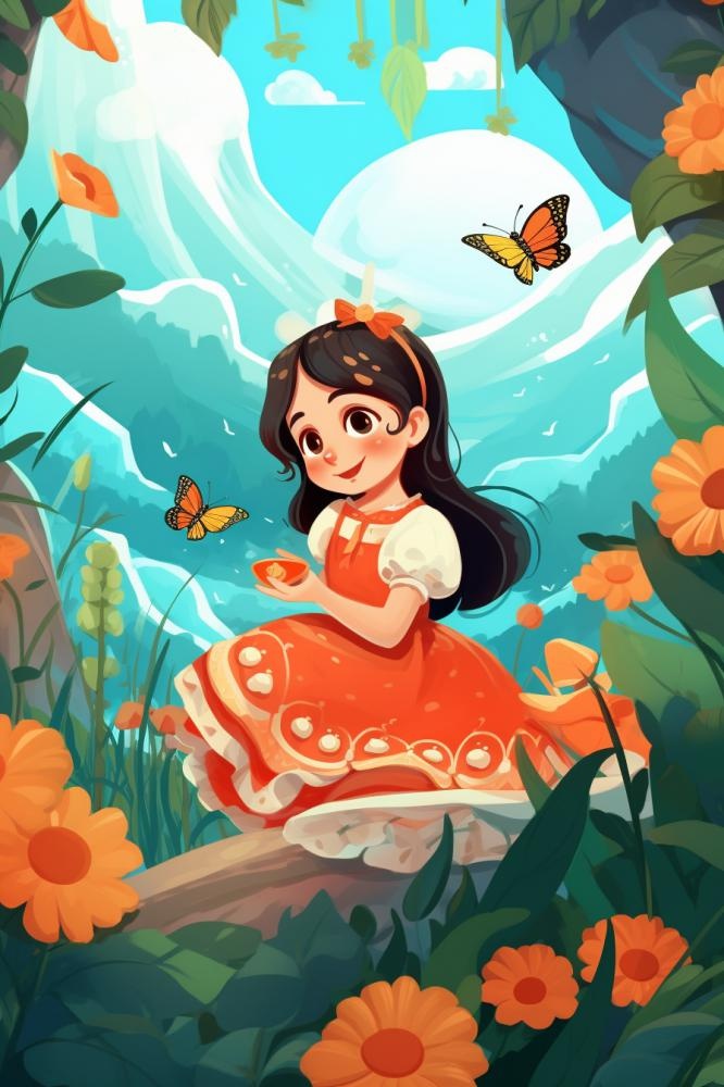 清新花草女孩蝴蝶插画背景