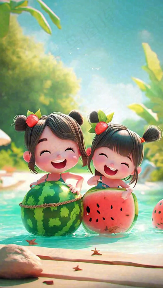 夏日清爽游泳儿童戏水，水果西瓜清凉，夏至大暑小暑(816x1438)