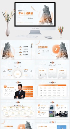橙色商务风年中总结PPT模板预览图