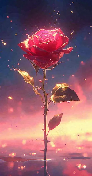 海平面上渐变落日前的一支粉色玫瑰花鲜花花朵，鲜艳爱情