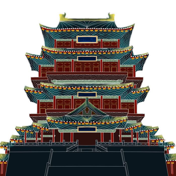 复古中国风国潮古建筑插画手绘高楼古塔PSD素材亭子png免抠图