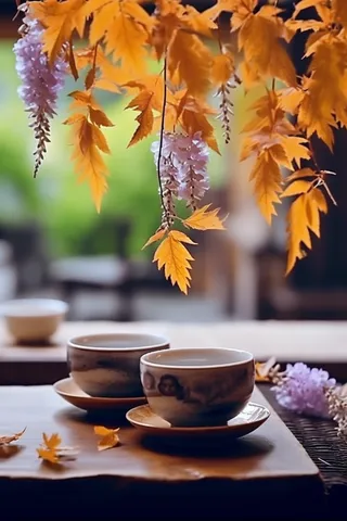 木桌上的茶杯垂挂的树叶花枝摄影图