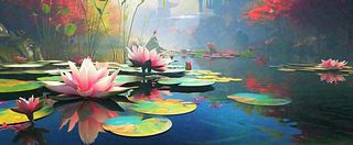 夏季池塘荷花荷叶盛开油画，小暑大暑夏至