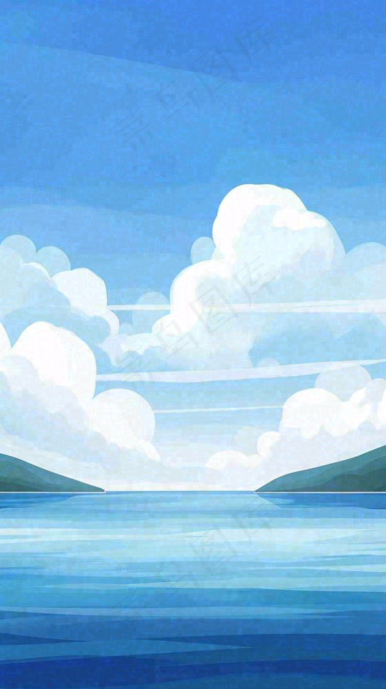 夏天蓝色扁平卡通插画蓝天白云湖水远山(816x1456)