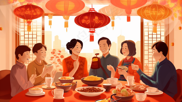 团圆饭年夜饭一家人过节卡通插画素材(x)