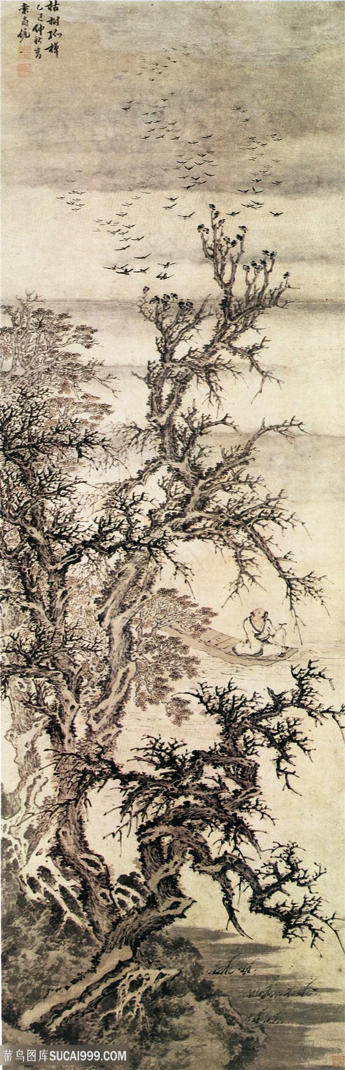 中国风界画枯林孤棹图
