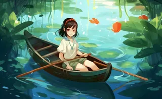 在湖中划船的女孩睡莲绿叶插画海报背景