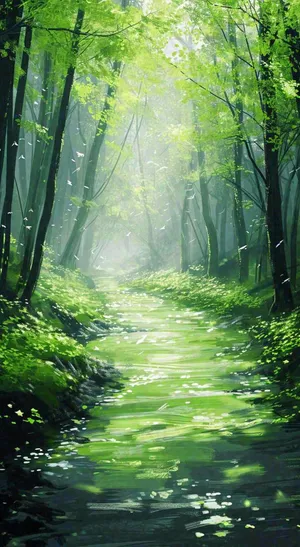 春天绿树成荫的树林里面小溪溪水飘着树叶