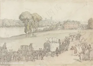 手绘简约房子马车风景画