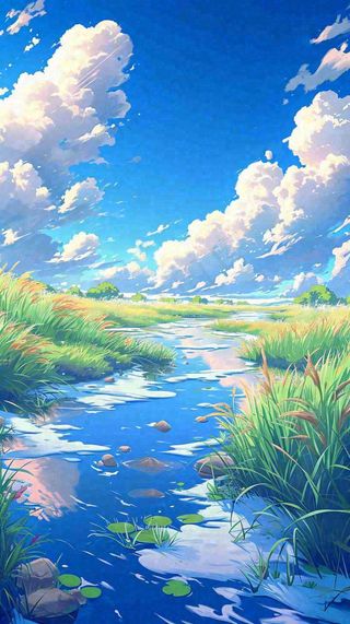 蓝天白云草地溪流春天阳光灿烂的日子春分春风，插画手绘