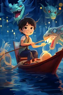 水上划船龙舟水草卡通插画背景