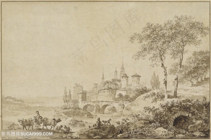 素描农房溪边美景装饰画手绘插画