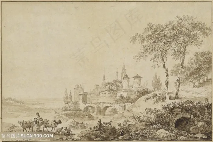 素描农房溪边美景装饰画手绘插画