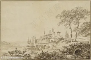 素描农房溪边美景装饰画手绘插画