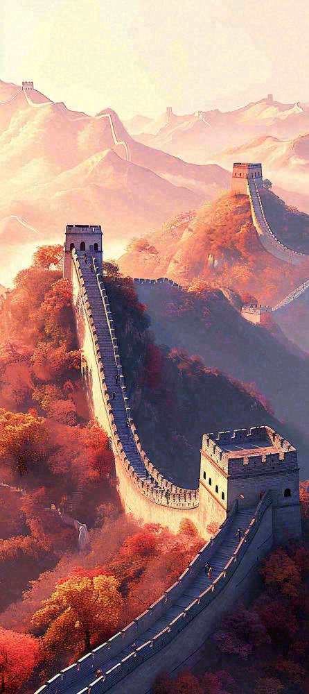 万里长城古风中国风古代建筑落日晚霞插画(736x1648)
