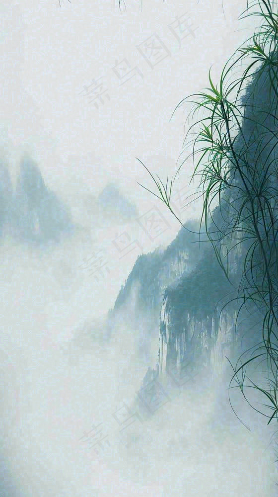 中国风云雾山脉意境竹叶山雾画插画(816x1456)