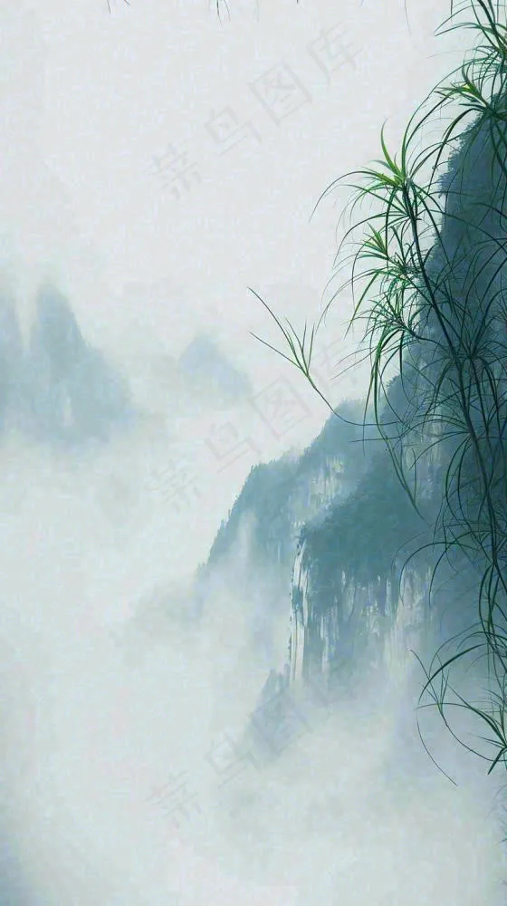 中国风云雾山脉意境竹叶山雾画插画(816x1456)