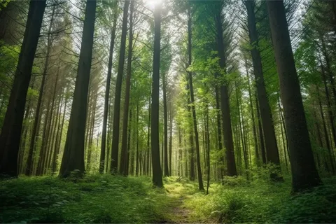 :夏天的森林里有很多挺拔的树木 :夏天的森林里有很多挺拔的树木