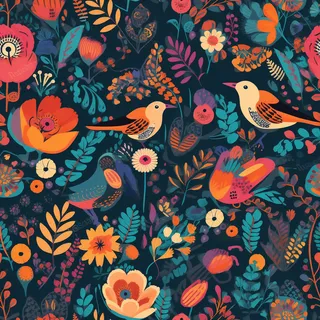 花鸟图，插画风格，无缝贴图，素材