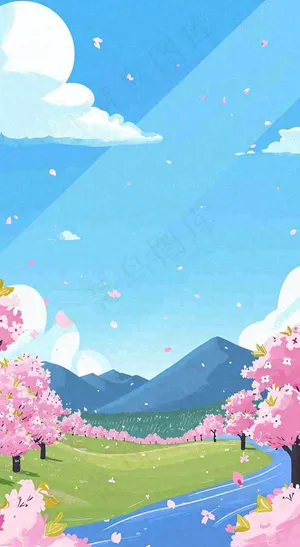 春天浪漫粉色樱花山脉河流蓝天白云清新手绘扁平插画，立春惊蛰
