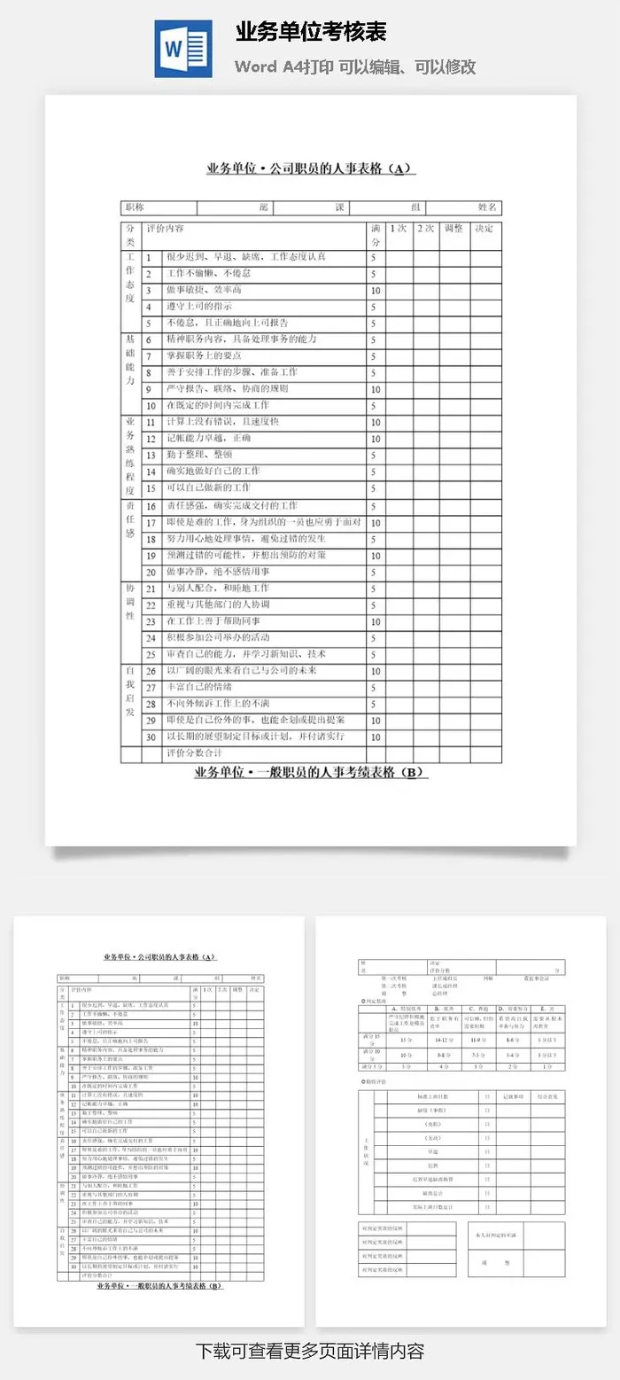 业务单位考核表word模板