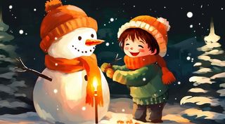 圣诞节雪人小孩圣诞老人卡通插画素材背景