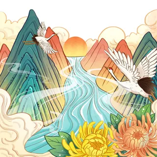 中国风国潮山水插画祥云中式手绘烫金线条元素png装饰背景PSD素材