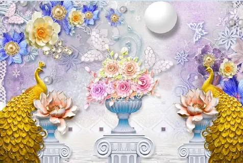 雕塑孔雀花瓶背景墙