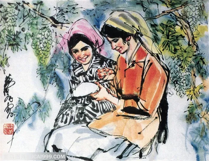 国画名家作品-黄胄的绣花帽