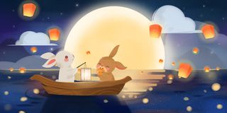 中秋节兔子月亮海报素材动物插画