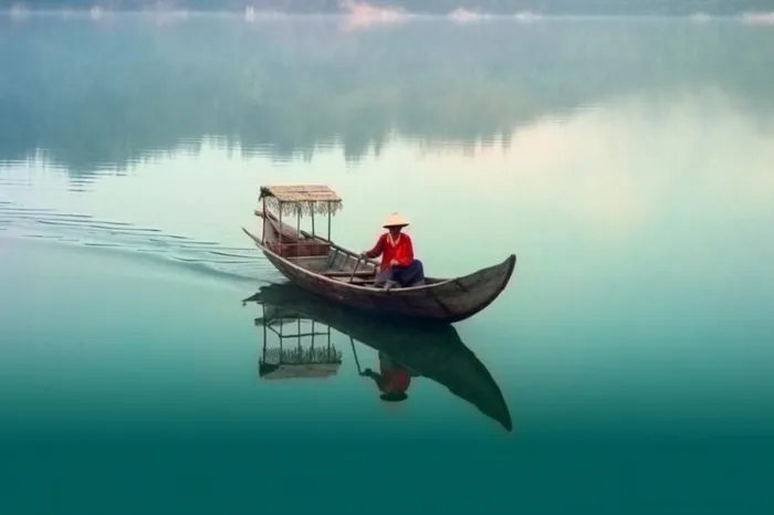 湖面划船人物碧绿背景(1200x800)