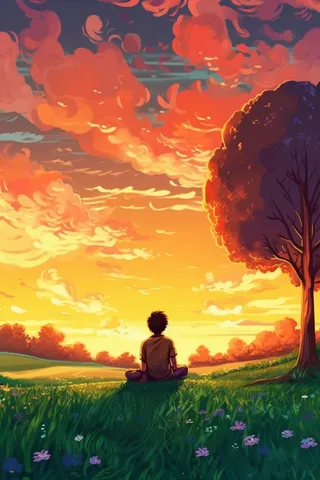 男人看落日背影插画