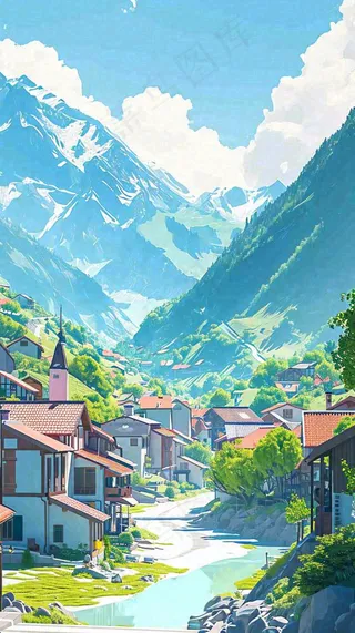 蓝天白云连绵山脉小溪河流小屋，阳光晴天