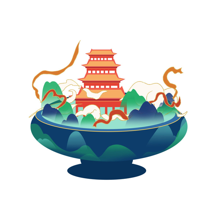 时尚微景观山水装饰庭院祥云中式国潮风插图插画元素素材设计模板