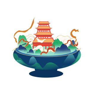 时尚微景观山水装饰庭院祥云中式国潮风插图插画元素素材设计模板