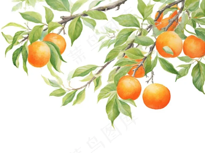 秋 柿子树水彩画插画免抠(1264x944)