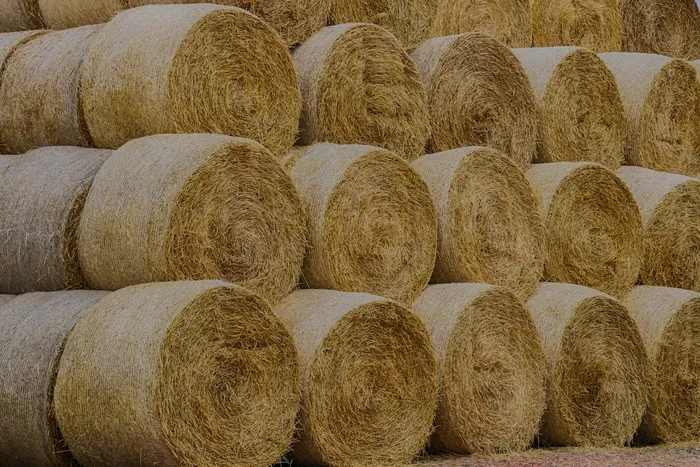 整齐叠放稻草包图片