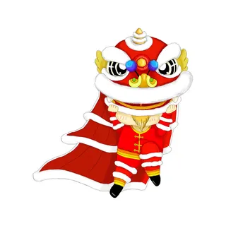 新年春节虎年元宵手绘人物舞狮卡通狮子头插画元素PSD设计素材