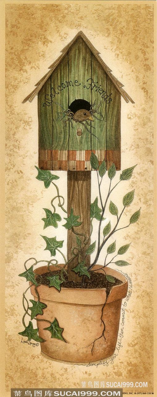 唯美鸟窝花盆时尚艺术插画