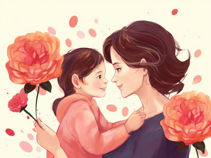 母亲节妈妈拥抱着孩子花海手绘插画素材海报背景(1264x944)