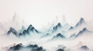 大气写意中国传统水墨画山水插画壁纸-蓝山